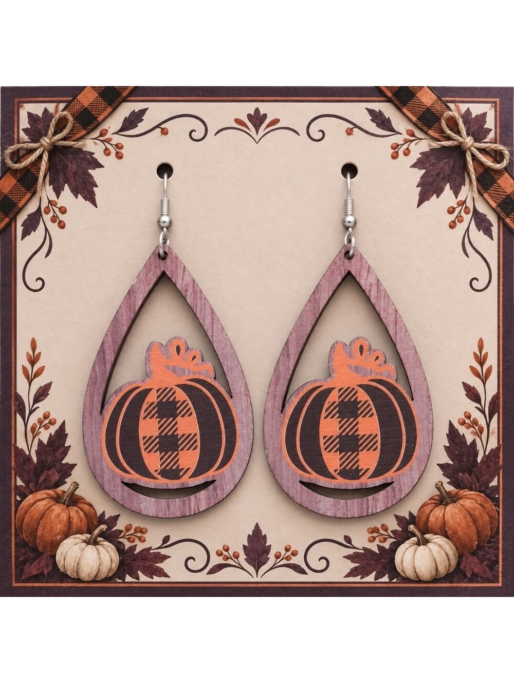 Trendy Plaid Pumpkin Thanksgiving Fall Halloween Wood Teardrop Earrings